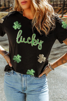 Black Lucky Sequin Shamrock Irish Festive Graphic Tee
