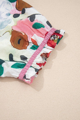 Pink V Neck Short Puff Sleeve Plus Size Floral Blouse