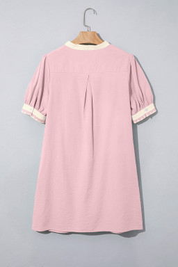 Light Pink Scallop Color Block Trim Puff Sleeve Mini Dress