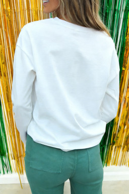 White Mardi Gras Festive Elements Sequin Graphic Long Sleeve Tee