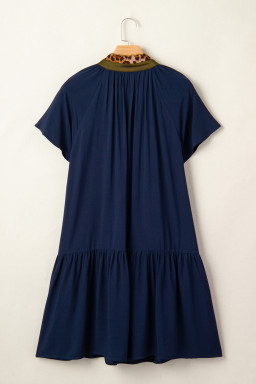 Navy Blue Button Detail Leopard Metallic Trim Short Sleeve Tunic Dress