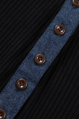 Black Ribbed Knit Contrast Denim Patchwork Hooded Long Sleeve Top