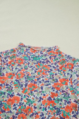 Blue Floral Print Slim Fit Mesh Long Sleeve Mock Neck Top