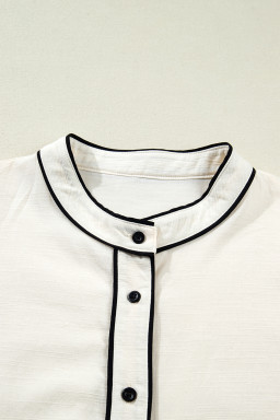 Beige Contrast Color Trim Button Down Long Puff Sleeve Shirt