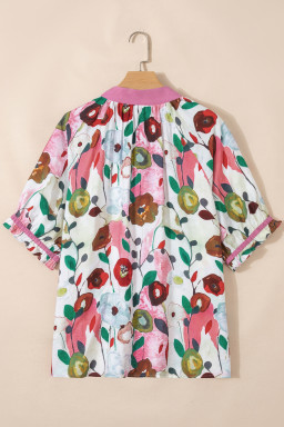 Pink V Neck Short Puff Sleeve Plus Size Floral Blouse