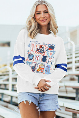 White Baseball Game Day Printed Varsity Striped Sweatshirt