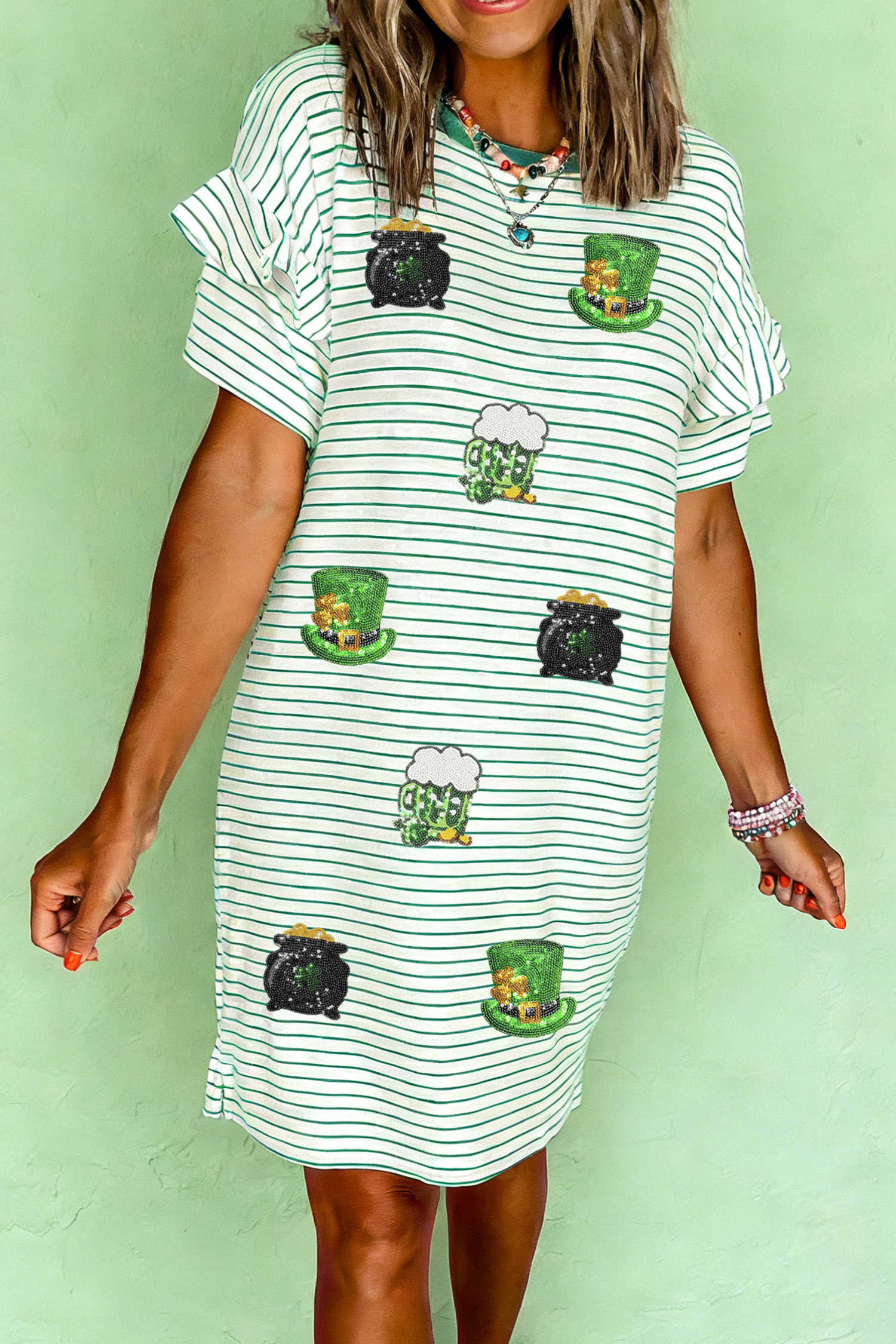 Green Stripe St Patricks Day Sequin Elements Patched Tee Dress
