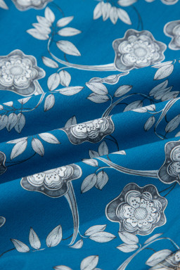 Blue Striped Trim Half Buttons Short Sleeve Floral Dress