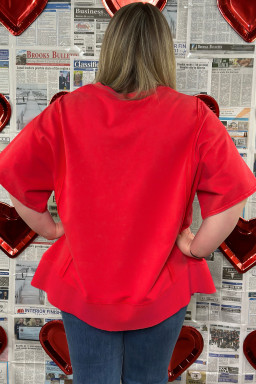 Fiery Red Plus Size Solid Color Notched Neck Seam Detail Patchwork Short Sleeve Top