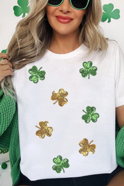 White 2-tone Sequin Clovers St Patricks Day T Shirt