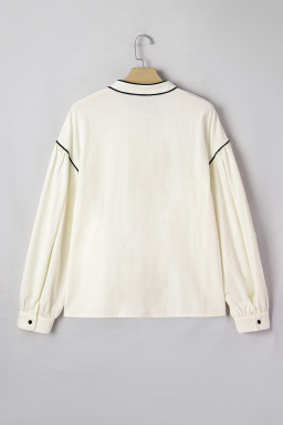Beige Contrast Color Trim Button Down Long Puff Sleeve Shirt