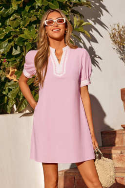 Light Pink Scallop Color Block Trim Puff Sleeve Mini Dress