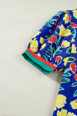 Blue Wild Floral Printed Contrast Striped Patchwork V Neck Short Sleeve Blouse