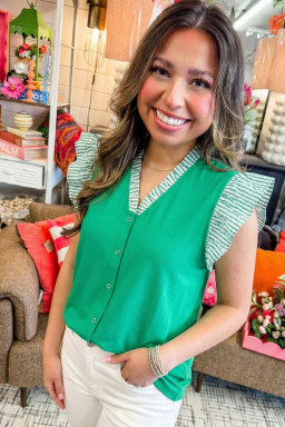 Dark Green Plus Size Button Front Ruffled Stripe Trim V Neck Flutter Sleeve Blouse