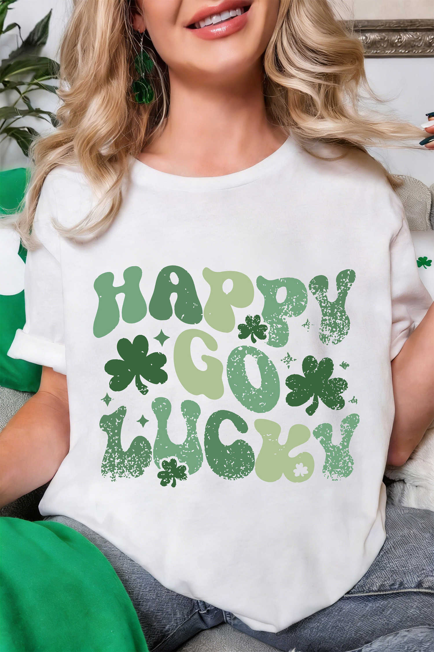 White HAPPY GO LUCKY St Patricks Day Graphic Tee