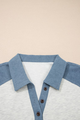 Beige Plus Size Contrast Denim Patchwork Cuffed Sleeve Polo Tee