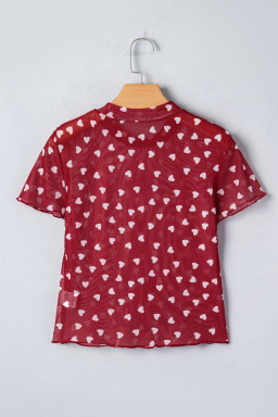 Racing Red Allover Heart Print Mesh Short Sleeve Top
