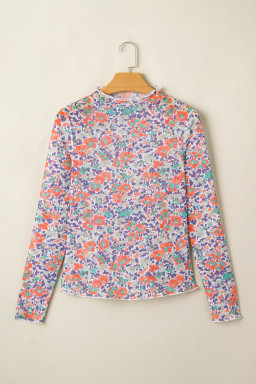 Blue Floral Print Slim Fit Mesh Long Sleeve Mock Neck Top