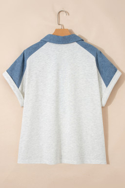 Beige Plus Size Contrast Denim Patchwork Cuffed Sleeve Polo Tee