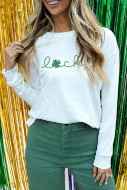 White Embroidered lucky Clover Graphic Long Sleeve Top