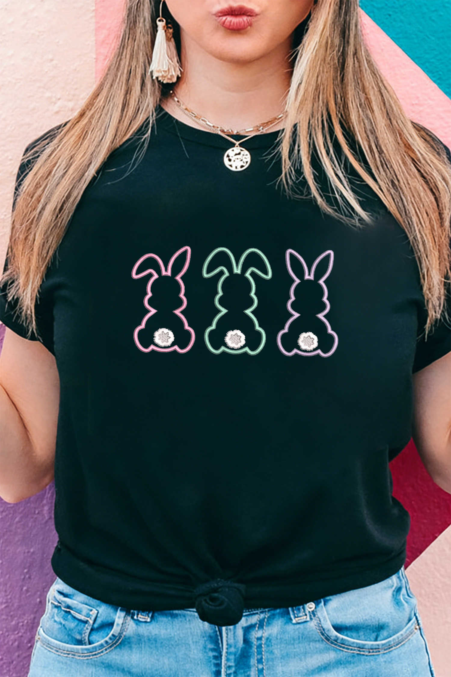 Black Embroidered Easter Bunny Casual Graphic Tee