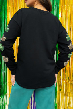Black Sequin Shamrock Patched Long Sleeve Tee
