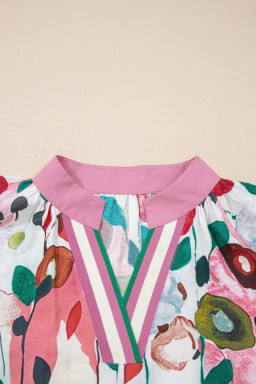 Pink V Neck Short Puff Sleeve Plus Size Floral Blouse