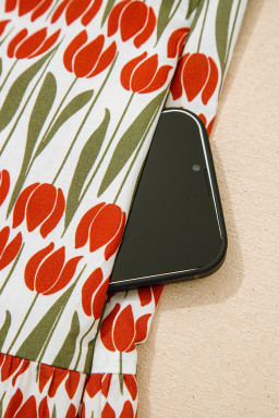 White Tulip Floral Print Cotton Puff Short Sleeve Mini Dress