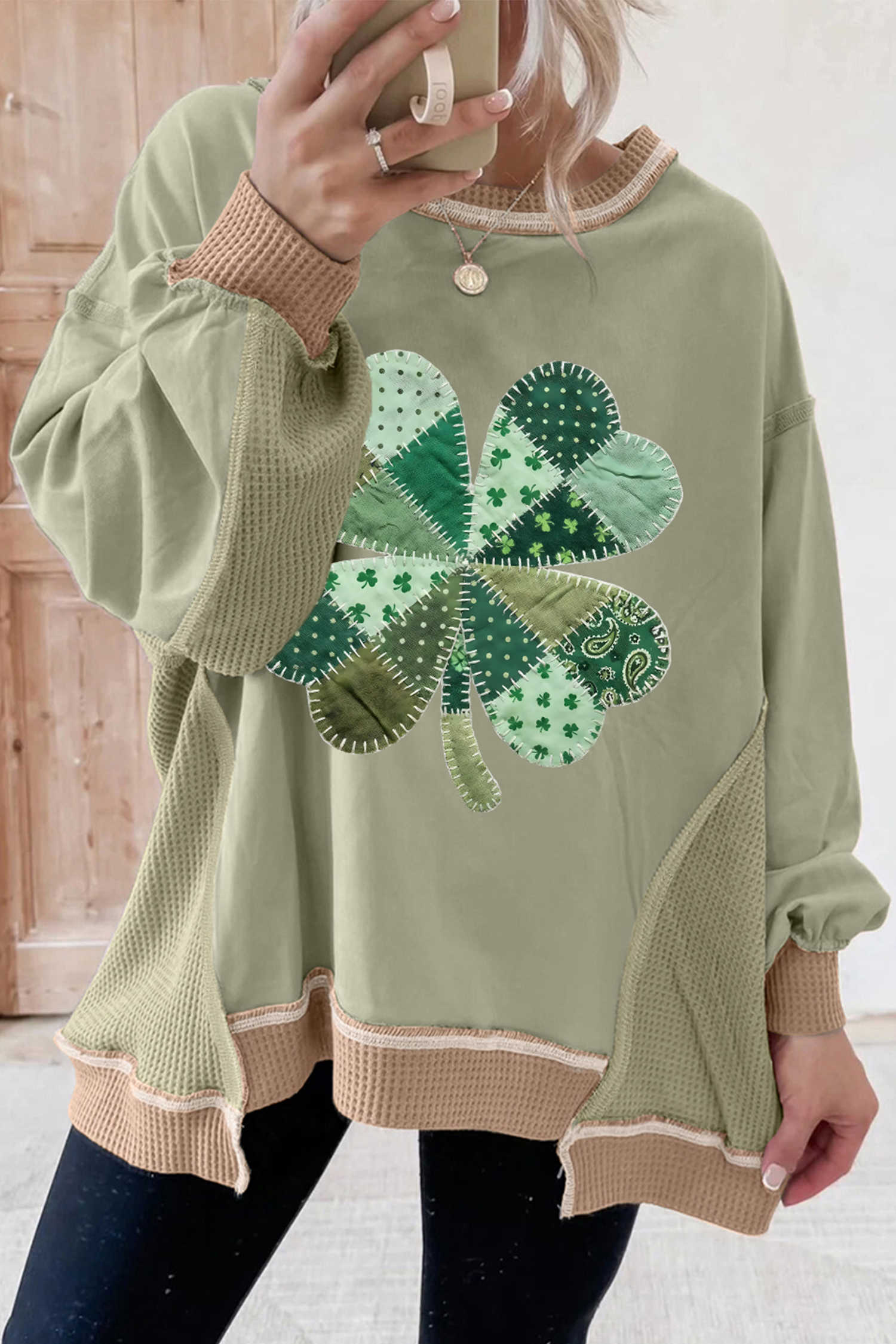 Smoke Green Waffled Color Block St Patricks Day Clover Patched Baggy Sweatshirt