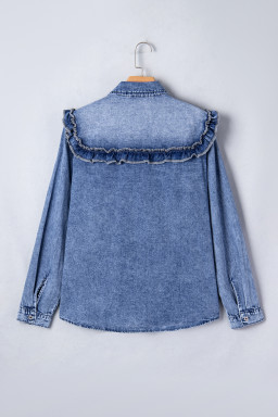 Dusk Blue Vintage Wash Denim Ruffle Detail Button Down Shirt