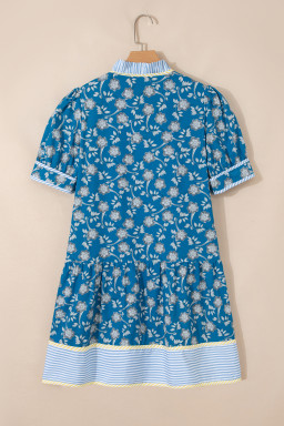 Blue Striped Trim Half Buttons Short Sleeve Floral Dress