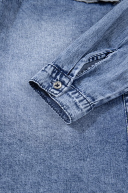 Dusk Blue Vintage Wash Denim Ruffle Detail Button Down Shirt