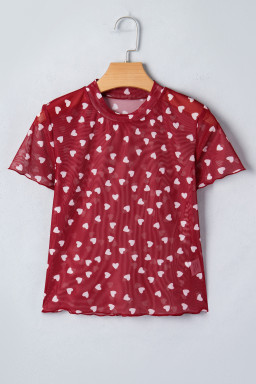 Racing Red Allover Heart Print Mesh Short Sleeve Top