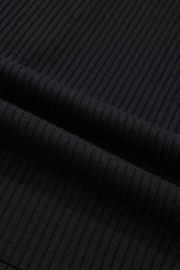 Black Ribbed Knit Contrast Denim Patchwork Hooded Long Sleeve Top