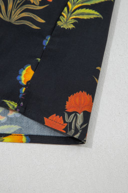 Black Floral Print Lace Trim Frilled V Neck Short Sleeve Shirt