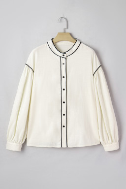 Beige Contrast Color Trim Button Down Long Puff Sleeve Shirt