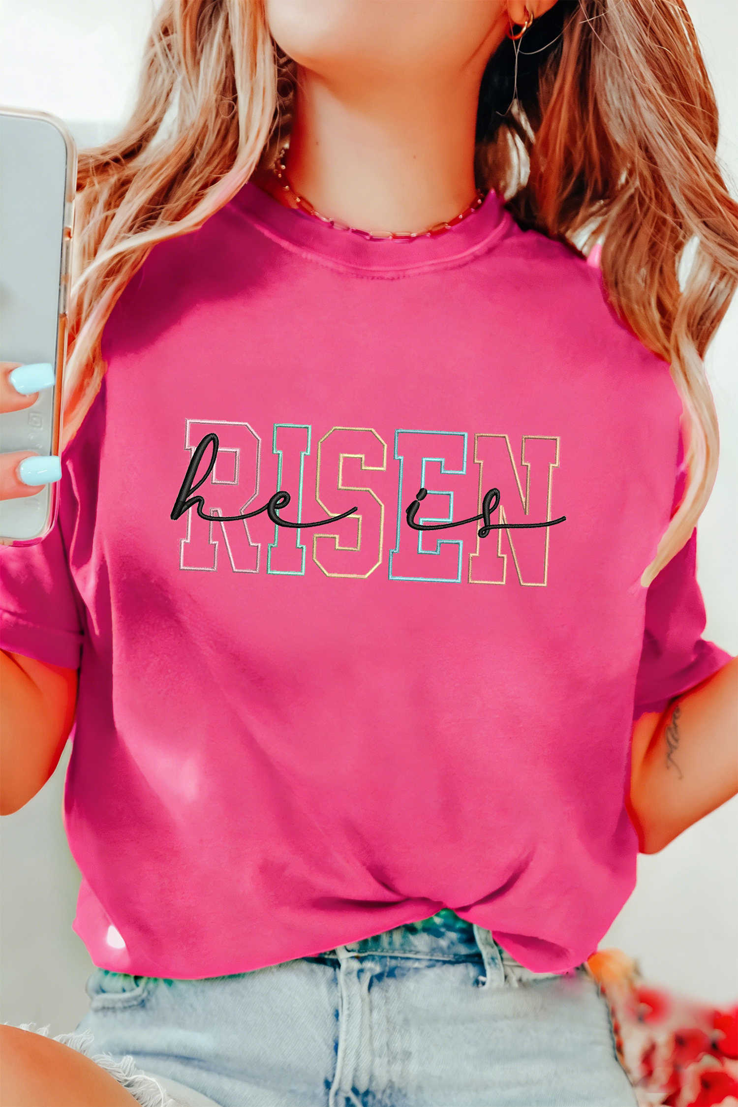 Rose Red He Is Risen Embroidered Slogan Tee