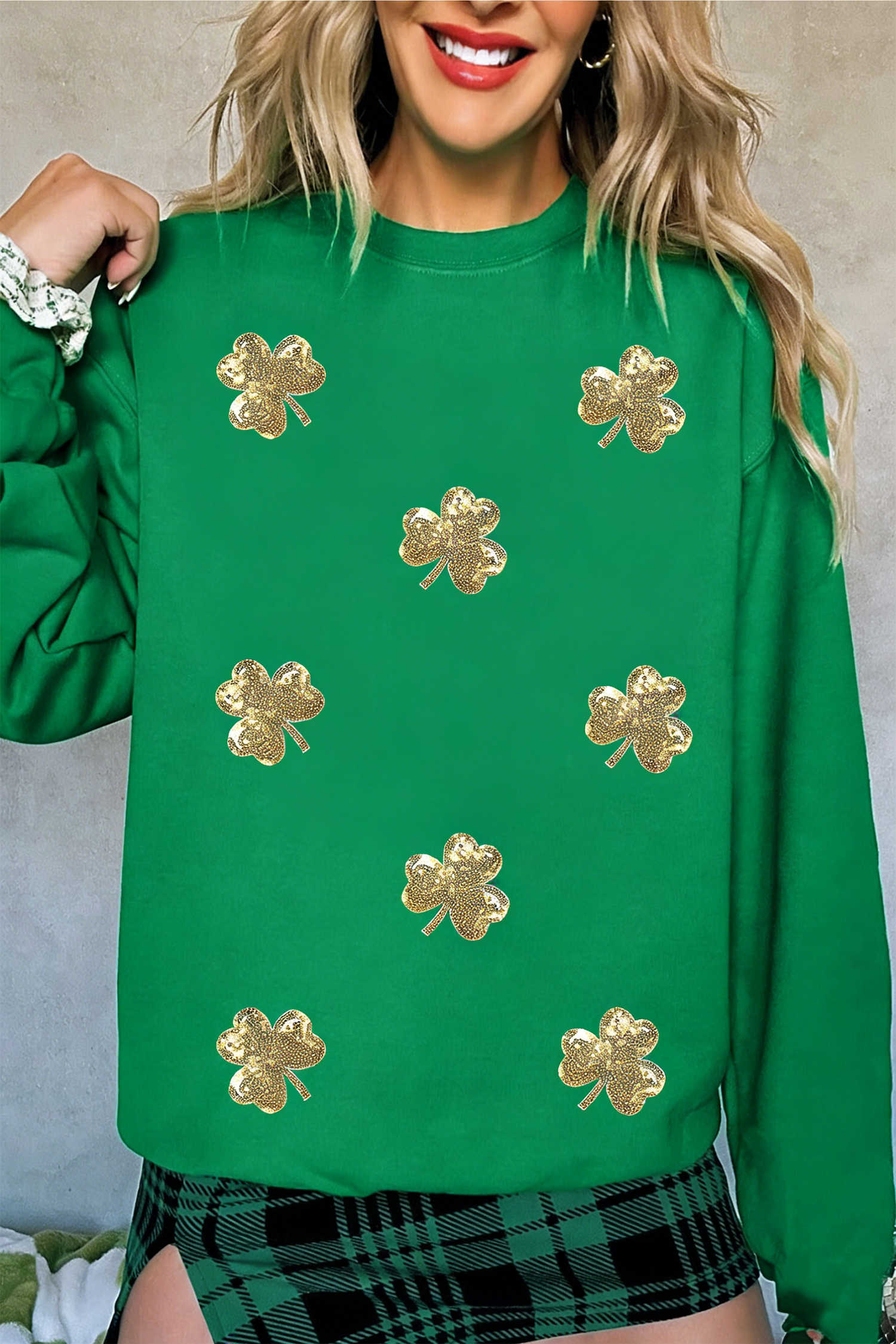 Dark Green Sequin Shamrock Irish Festive Graphic Sweatshirt