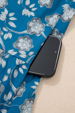 Blue Striped Trim Half Buttons Short Sleeve Floral Dress