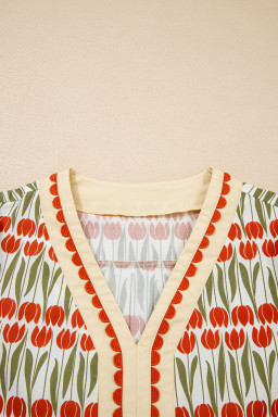 White Tulip Floral Print Cotton Puff Short Sleeve Mini Dress