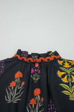 Black Floral Print Lace Trim Frilled V Neck Short Sleeve Shirt