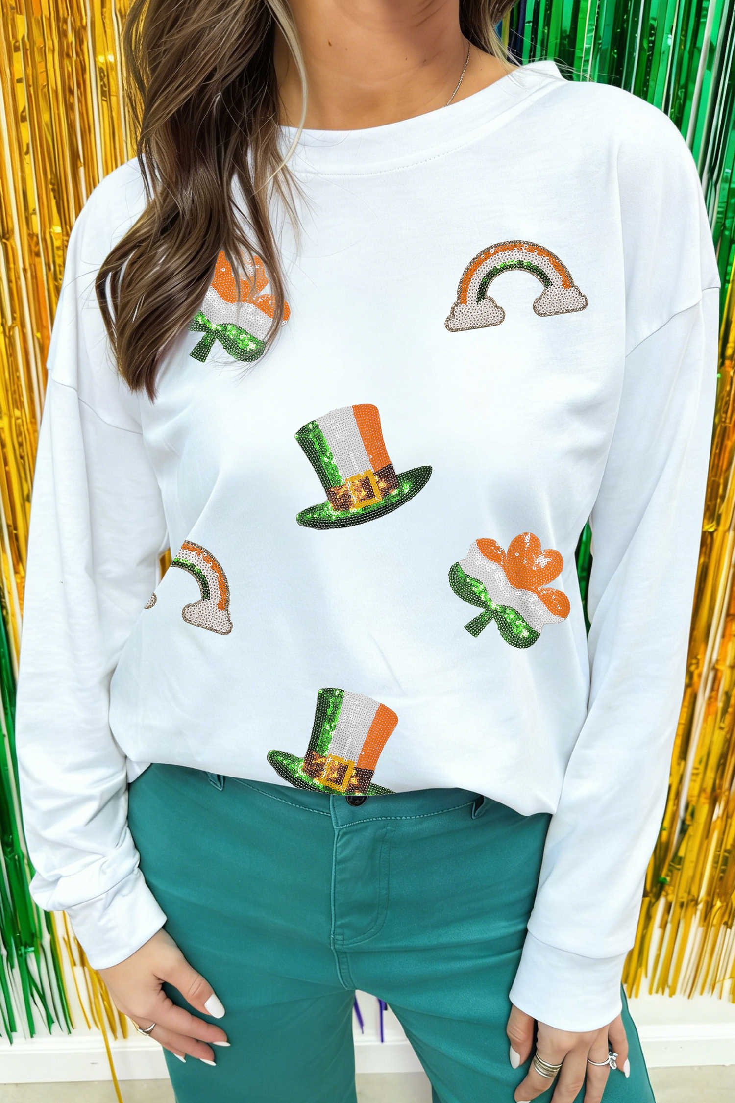 White Mardi Gras Festive Elements Sequin Graphic Long Sleeve Tee