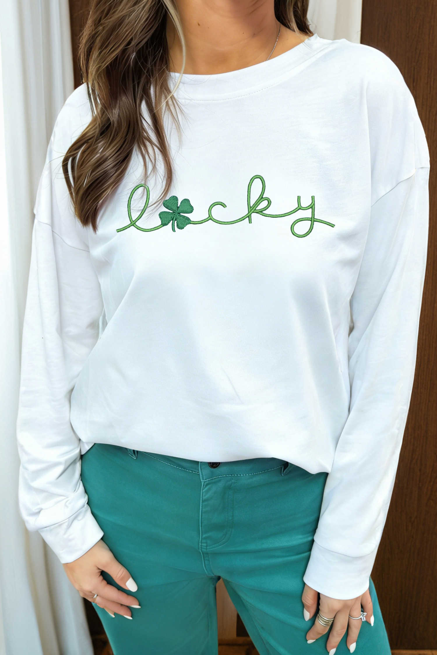 White Embroidered lucky Clover Graphic Long Sleeve Top