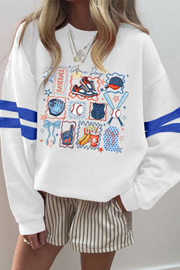 White Baseball Game Day Printed Varsity Striped Sweatshirt