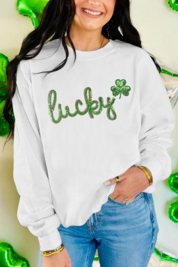 White Irish Festive Sequin lucky Clover Graphic Sweatshirt