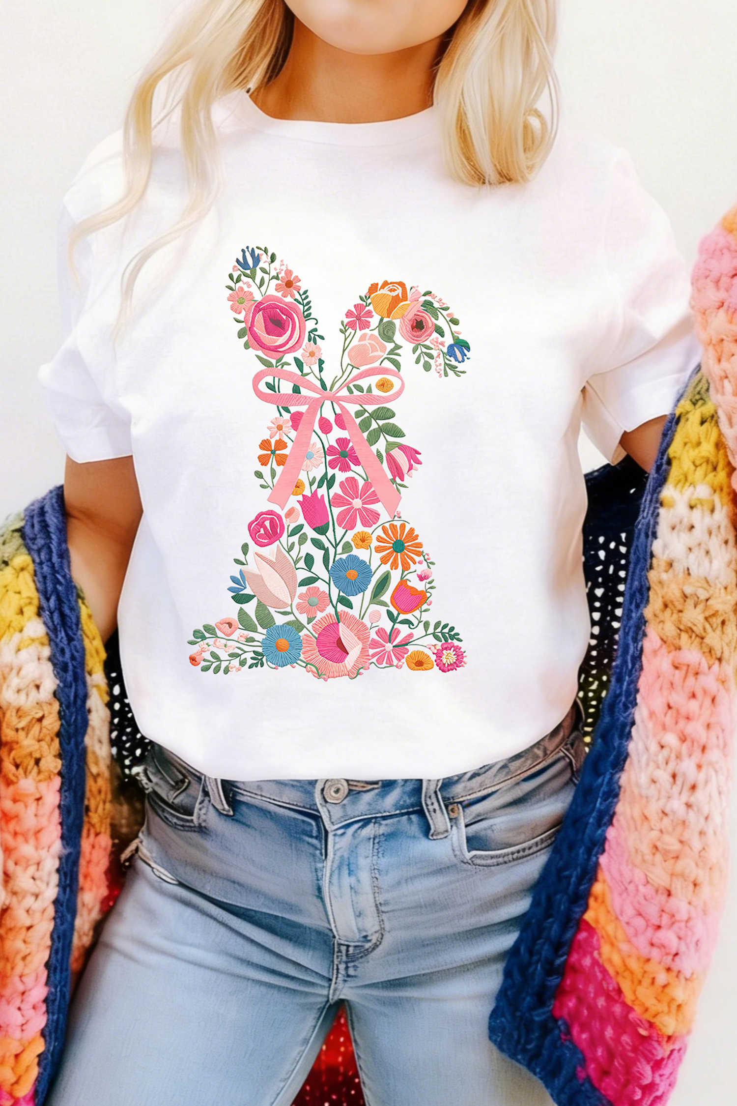White Floral Easter Bunny Casual Graphic Tee