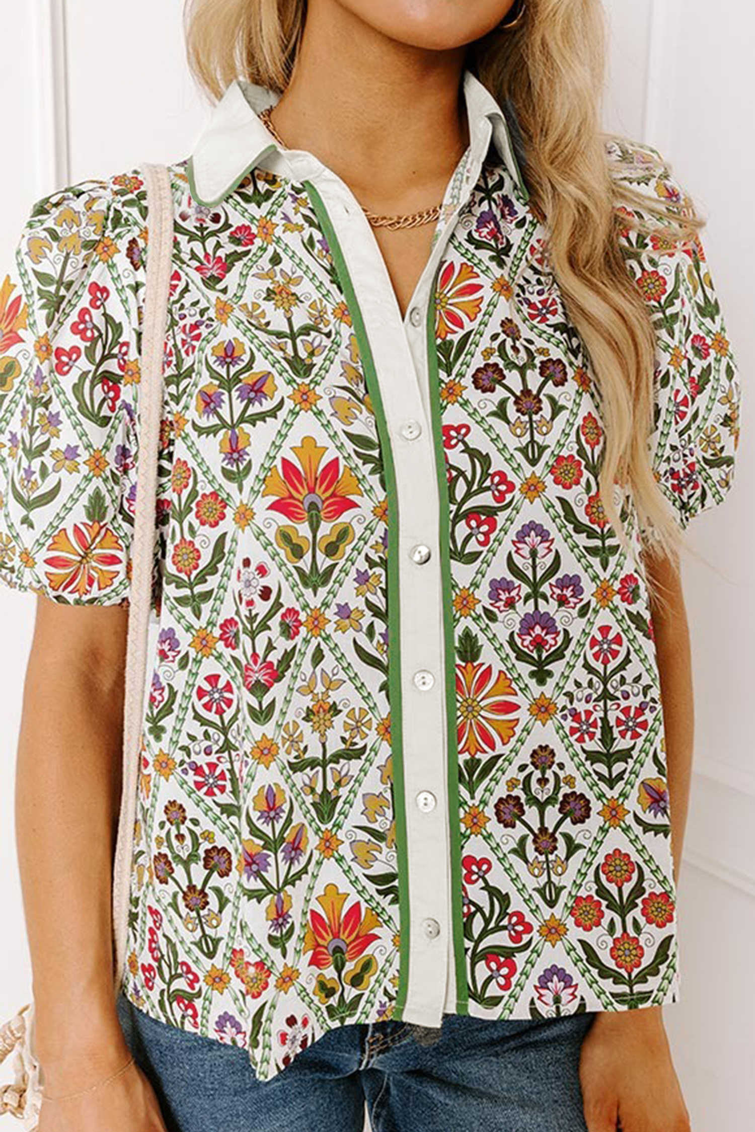 Green Short Bubble Sleeve Floral Shirt