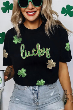 Black Lucky Sequin Shamrock Irish Festive Graphic Tee