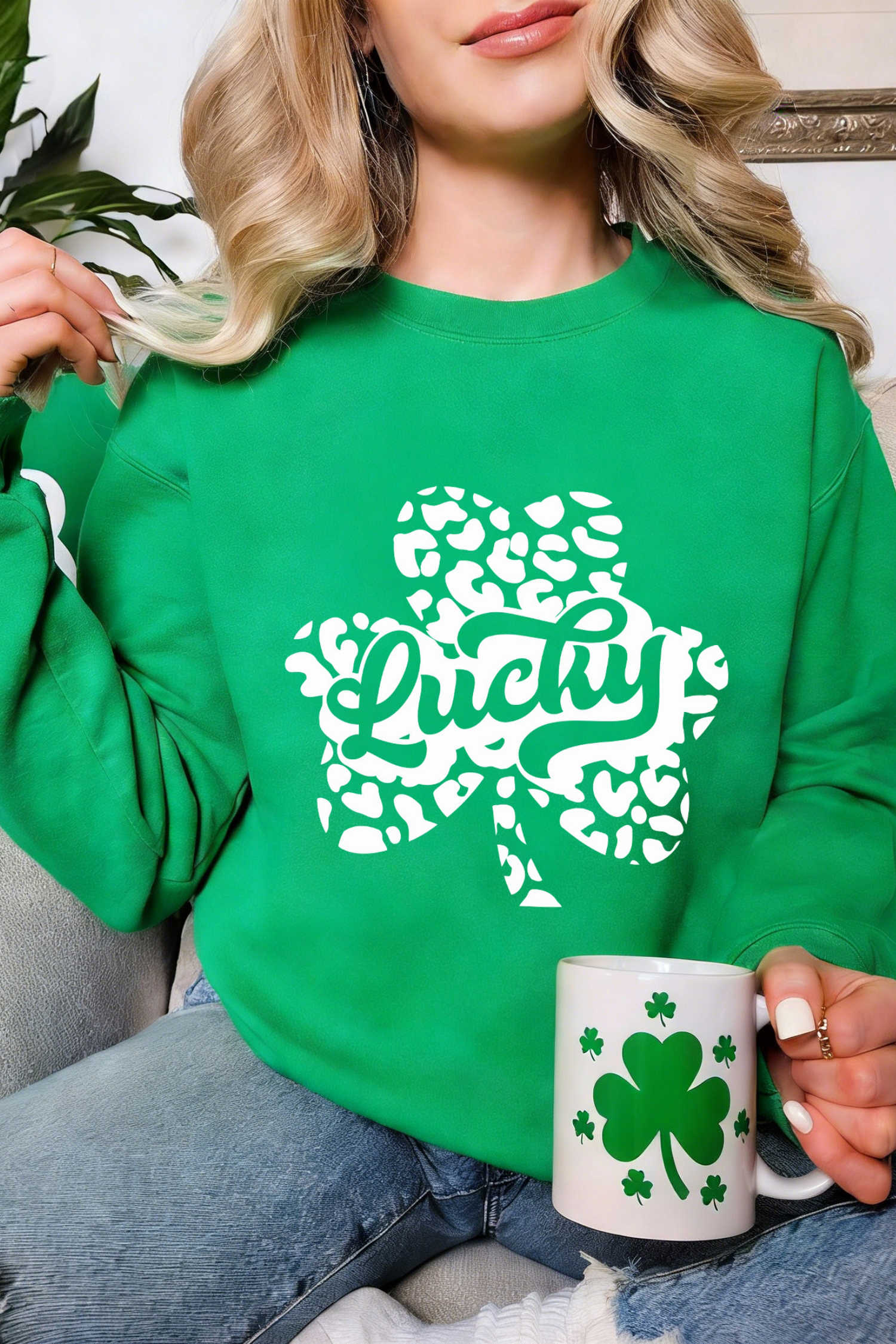 Dark Green Lucky Leopard Clover Dropped Shoulder Sweatshirt