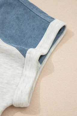 Beige Plus Size Contrast Denim Patchwork Cuffed Sleeve Polo Tee
